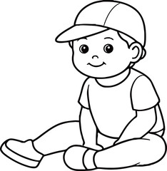 Black and White Cartoon Illustration of Cute Little Boy Character for Coloring Book