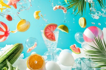 surreal beauty of a multitude of fruits floating weightlessly in midair, creating a captivating visual spectacle.