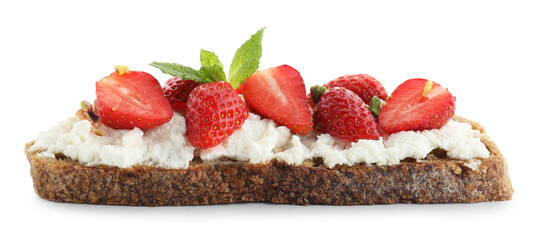 Delicious ricotta bruschetta with strawberry, mint and pistachios isolated on white