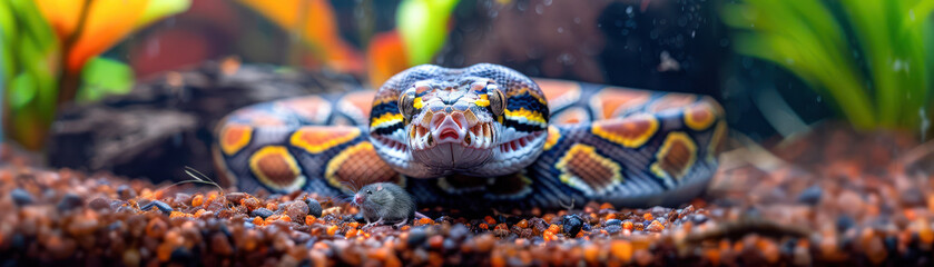 Fototapeta premium Python Snake in Exotic Terrarium A Close-Up View of a Captivating Reptile with Striking Patterns and Textures Explore the World of Snake Care and Observe the Natural Predator-Prey Dynamics in this