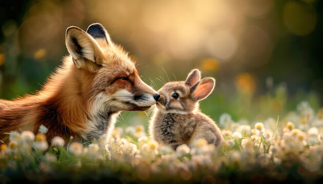 Playful Tension Red Fox and Pet Rabbit in a Meadow of Wildflowers, Adorable Wildlife Photography, Nature's Unlikely Friendship, Animals Interacting, Cute Animal Moments