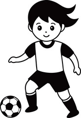 Black and White Cartoon Illustration of a Kid Boy Playing Soccer with Ball