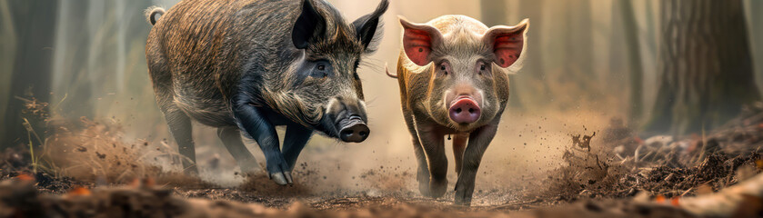 Wild Boar and Domestic Pig Encounter in a Rustic Barn Setting A Unique Wildlife Photography Moment Capturing the Raw Power and Contrast Between Two Different Species This Image Highlights the