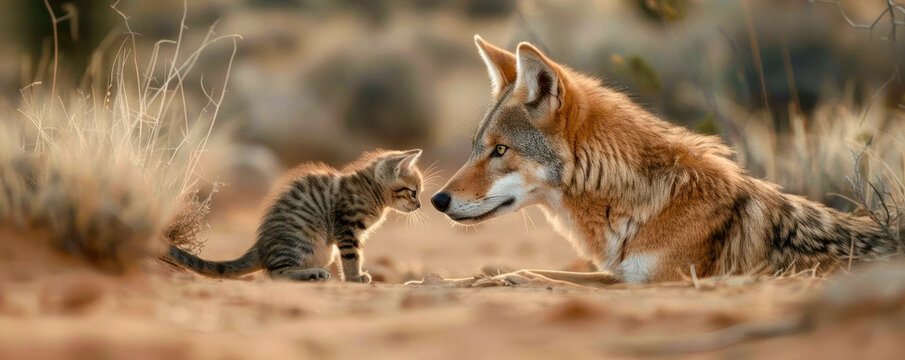 Unlikely Companions A Coyote and House Cat Encounter in the Desert, A Moment of Unexpected Harmony and Survival