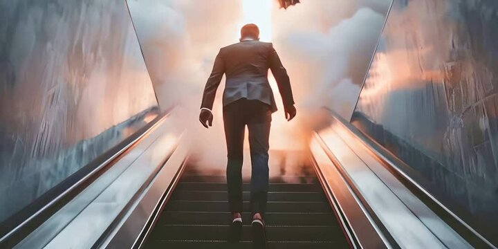A confident entrepreneur walks on stairs elevator with clouds flowing symbolizing the launch of a new business venture