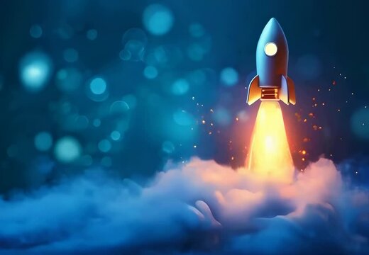 A rocket takes off against a cloudy blue sky symbolizing a startup concept and new beginnings with innovation and progress in focus
