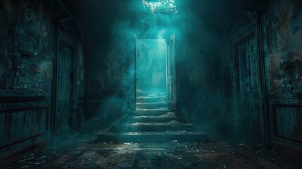 Terrifying interior of a deserted house featuring open doors leading to a dark hallway and shattered furniture, with eerie light streaming from the window; concept art, horror photography, highly deta