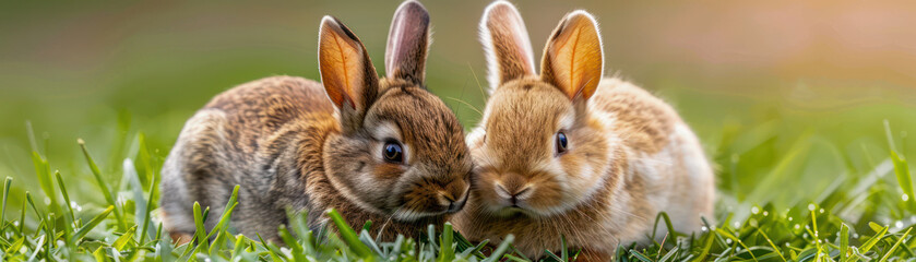 Fototapeta premium Wild Rabbit and Pet Rabbit in the Garden A Moment of Peaceful Coexistence, Nature Photography