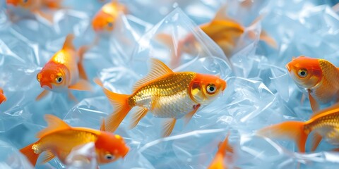 Fototapeta premium Goldfish swimming among plastic pollution a digital representation of environmental concerns. Concept Environmental Concerns, Plastic Pollution, Marine Life, Digital Art, Goldfish
