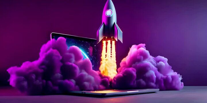 A 3D rocket emerges from a laptop amid purple smoke and a glowing aura symbolizing startup and innovation in digital technology concept
