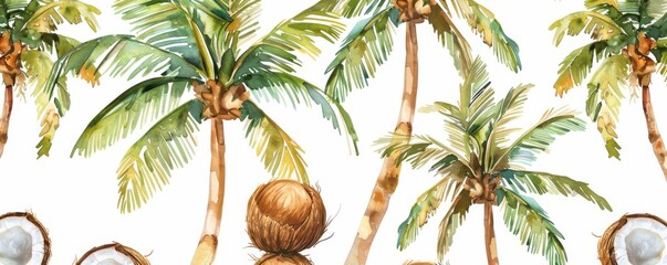 Watercolor vector pattern of coconut palms and nuts. Tropical design with an exotic touch, suitable for summer projects and decorations.