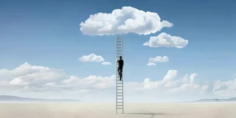 A man climbs a ladder towards clouds shaped like a computer symbolizing ambition and digital innovation concept