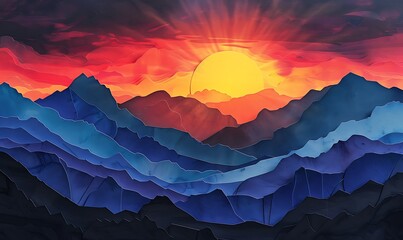 Dramatic Sunset Over Mountain Peaks, Cut Out with Vibrant Colors
