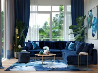Tranquil Blue Living Room with Lush Botanical Accents and Luxurious Furnishings