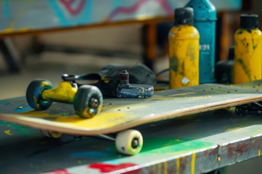 Skateboard close-up Spray paint, skateboard in work shop, no people
