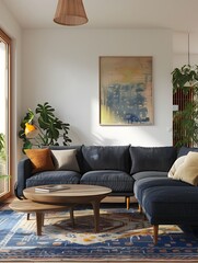 Minimalist Scandinavian Inspired Living Space with Navy Sectional Sofa and Vibrant Blue Area Rug
