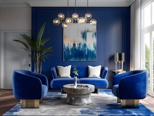 Serene Contemporary Living Room with Navy Blue Accent Wall and Azure Furnishings