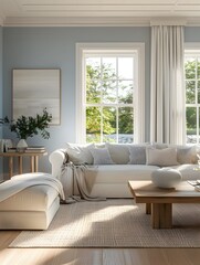 Bright and Airy Hamptons Style Living Room with Pale Blue Walls and Light Linen Furnishings