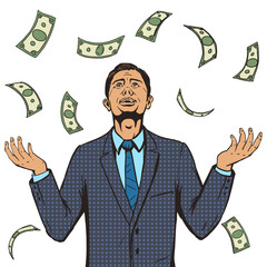 Businessman under the money rain pop art style PNG illustration. Comic book style imitation