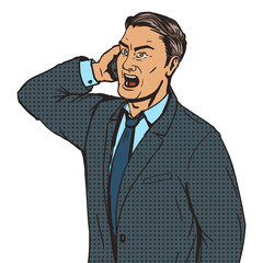 Angry businessman speaks by phone pop art style PNG illustration. Comic book style imitation. Conceptual illustration