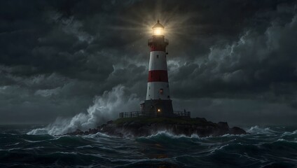 Obraz premium A stormy night with the lighthouse beacon slicing through thick fog, guiding ships to safety ai_generated