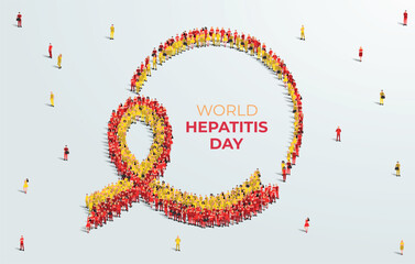 world hepatitis day awareness month concept poster. 28th July. Large group of people form to create a red and yellow ribbon. Vector illustration.
