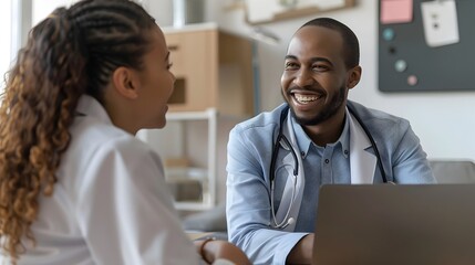 Fototapeta premium Doctor and patient enjoying a positive virtual consultation on laptop