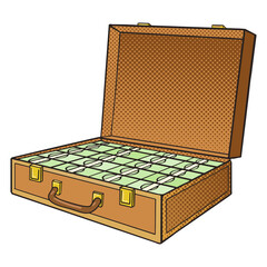 Suitcase with money pop art style PNG. Comic book style imitation. Vintage retro style. Conceptual illustration