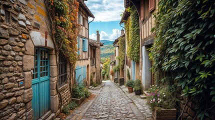 Fototapeta premium Flowery streets on a rainy spring day in a small magical village