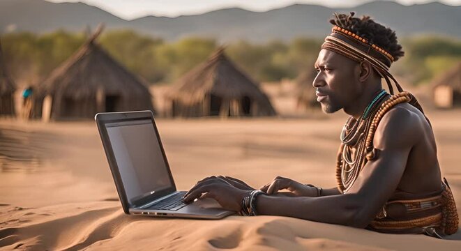 African tribe person using laptop.
