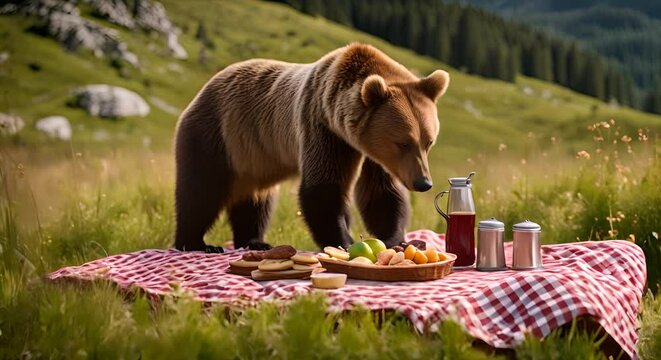 Bear eating picnic food.