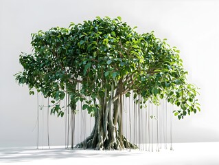 Towering Banyan Tree with Intricate Aerial Roots and Vibrant Green Foliage in Minimalist Setting