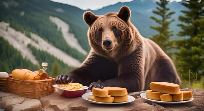 Bear eating picnic food.