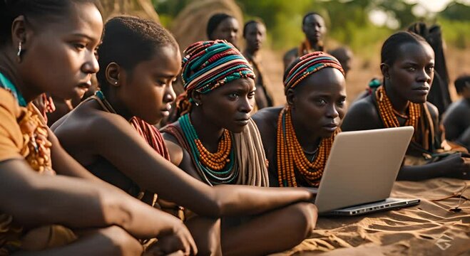 African tribe person using laptop.