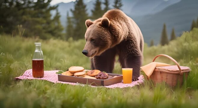 Bear eating picnic food.