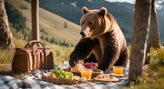 Bear eating picnic food.