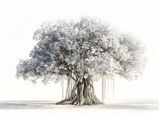 Whimsical Banyan Tree with Intricate Aerial Roots and Ethereal Lighting
