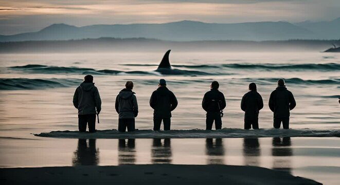 Orca fishermen in the sea.