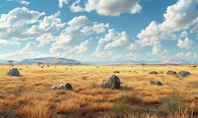 Obraz premium Expansive Savanna with Scattered Rocks and Faded Grass
