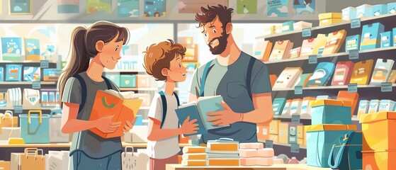 Obraz premium A family shopping for school supplies in a busy store, filled with colorful items and happy faces, lively and engaging moment