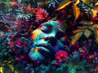 Vibrant  Life Giving Portrait of Mother Earth Emerging from Lush Foliage and Organic Forms