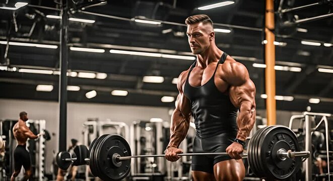Strong bodybuilder man in a gym.