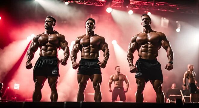 Strong men bodybuilder in a competition.