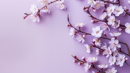 Fototapeta premium White cherry blossoms on purple background, spring theme