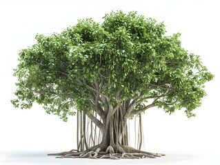 Majestic Banyan Tree with Lush Foliage and Aerial Roots in Serene White Backdrop