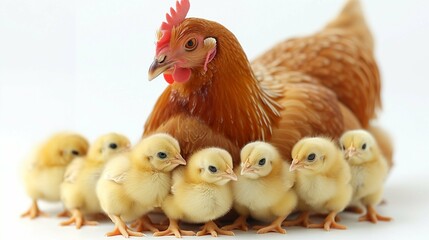 chicken and chicks isolated on white