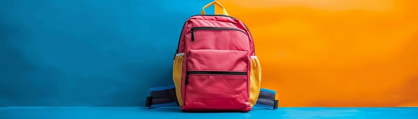 A stylish and colorful school backpack with multiple compartments and a water bottle pocket, set against a vibrant background, modern and trendy