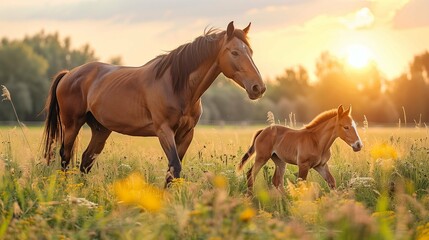 Obraz premium horse and foal at sunset