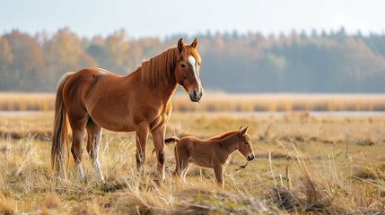 Fototapeta premium horse and foal in the field