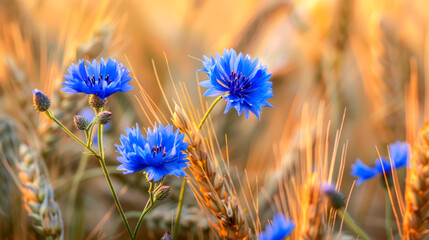 Blooming cornflowers on a field of ripening grain. AI generative.